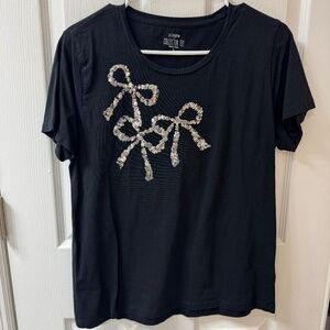 J.Crew Factory Collector Tee – Black Sequin Bow Graphic (Women’s Large)